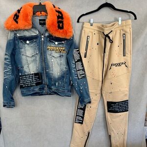 💥 NWT Rockstar Denim Jacket with removable fur and Beige Joggers Set. Size Med